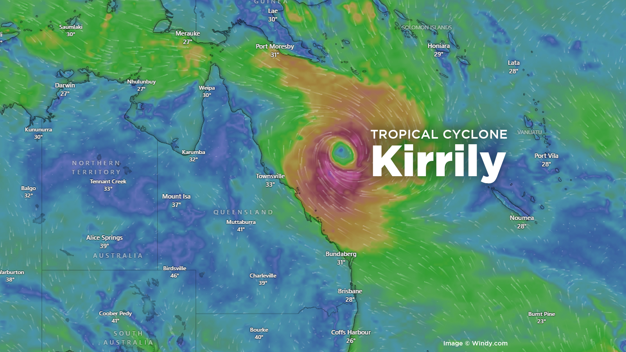 Cyclone Kirrily off cost of Queensland showing on a satellite image
