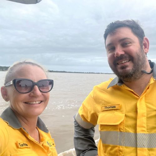 Two field crew members on a ferry