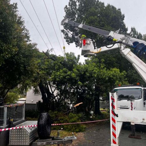 Crews in cherry pickers working on powerlines