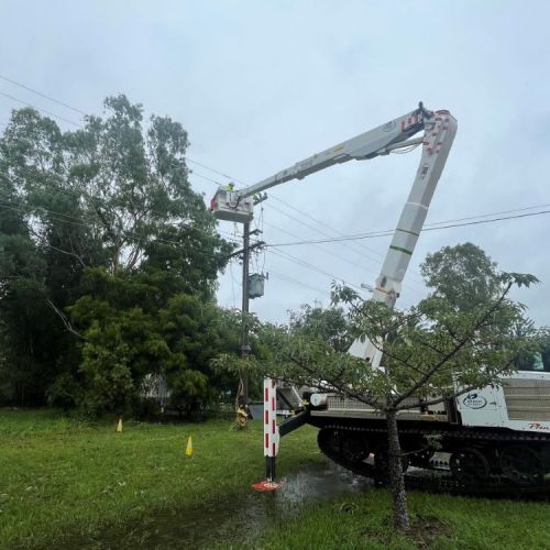 Crews using heavy equipment while working on powerlines in Bluewater