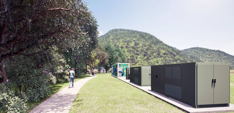 Artist impression of the Mossman microgrid front view on walking path