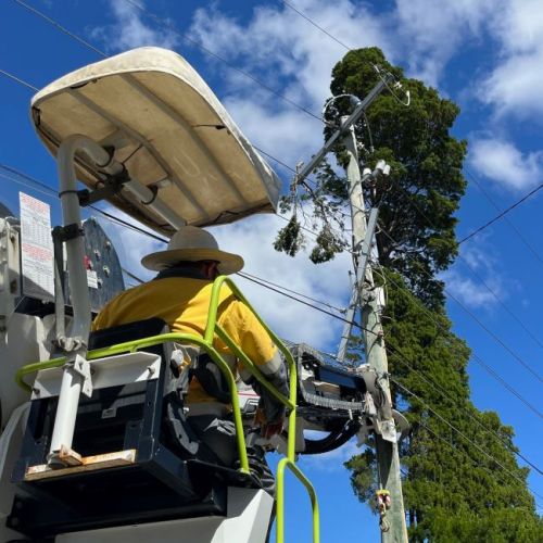 Crew member in drivers seat standing a new power pole