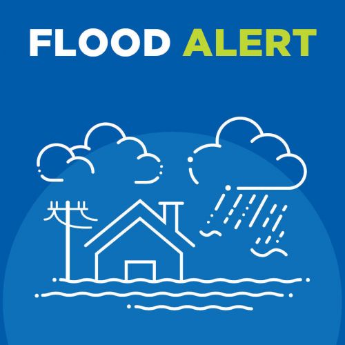 Flood alert infographic with a house, clouds and rain