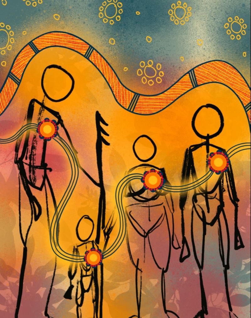 stick figure artwork in orange and black of family