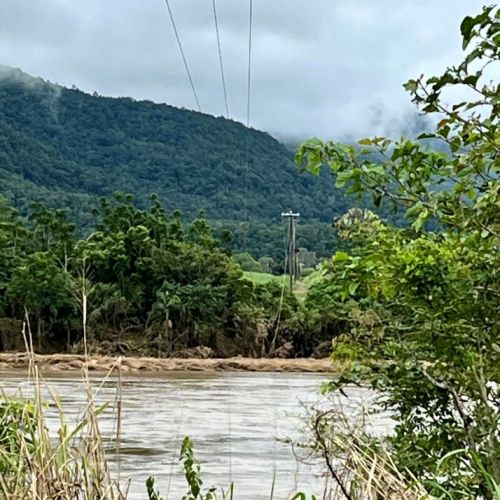 Inaccessible powerlines draped low over Stone River