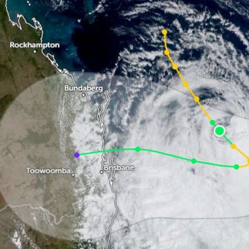 Satellite image of Cyclone Alfread predicted to cross the Queensland coast north of Brisbane