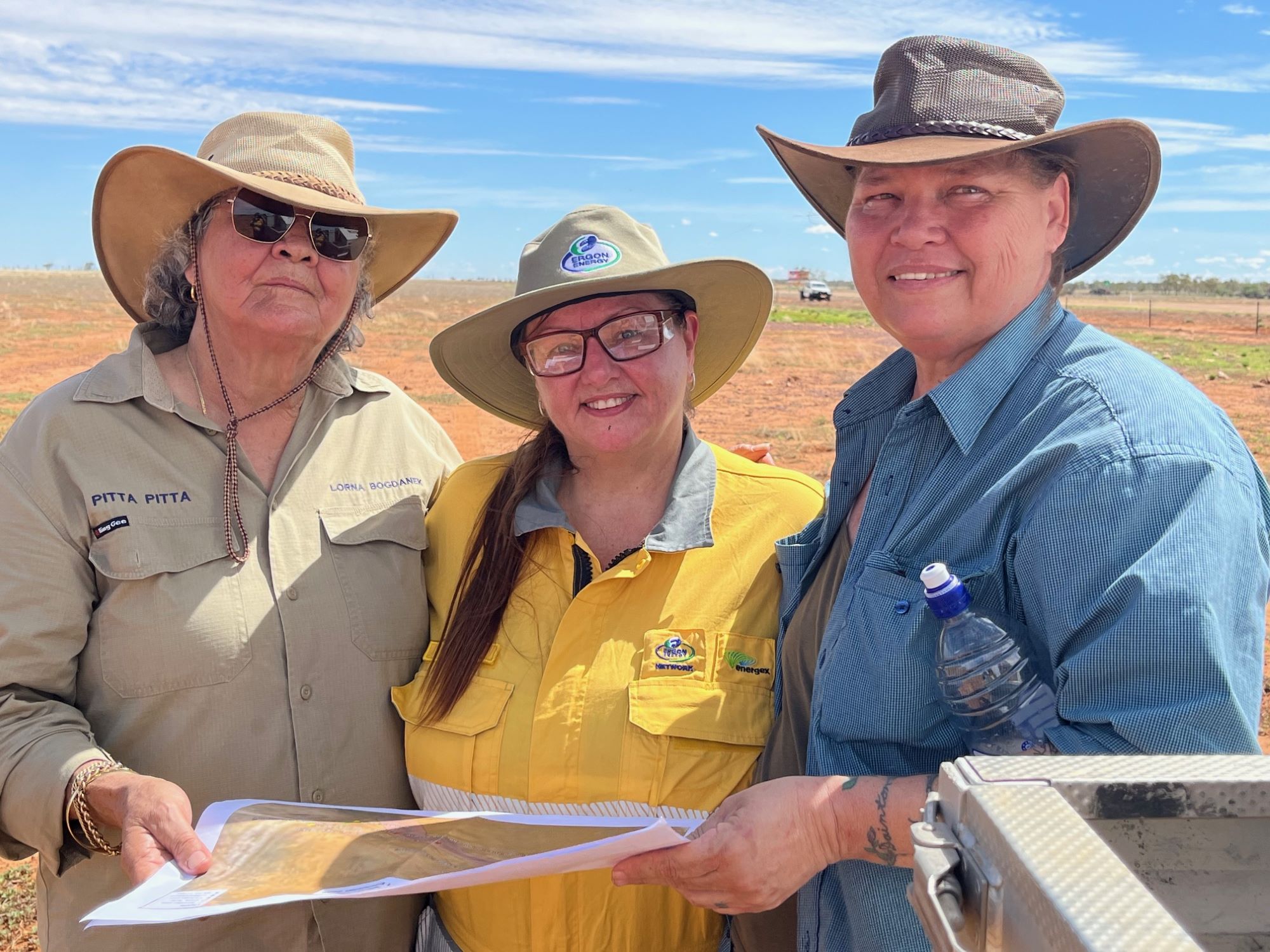 Pitta Pitta Elders Lorna Bogdanek and Tanya Rice and Project Manager Karen Johnston-Schofield conducting cultural heritage assessments for the solar farm site.