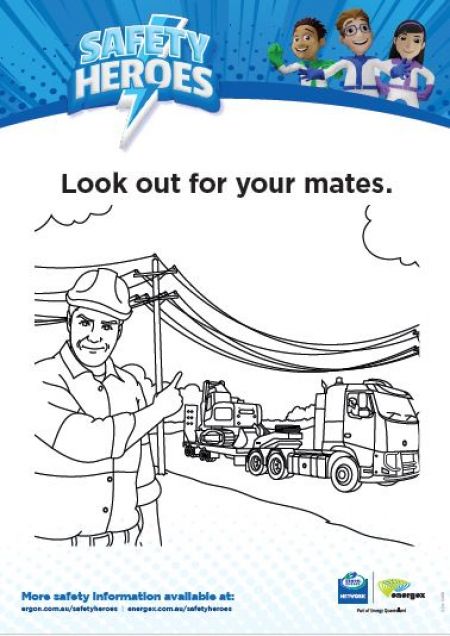 Colouring sheets of field crew on powerlines as part of the Safety Heroes program