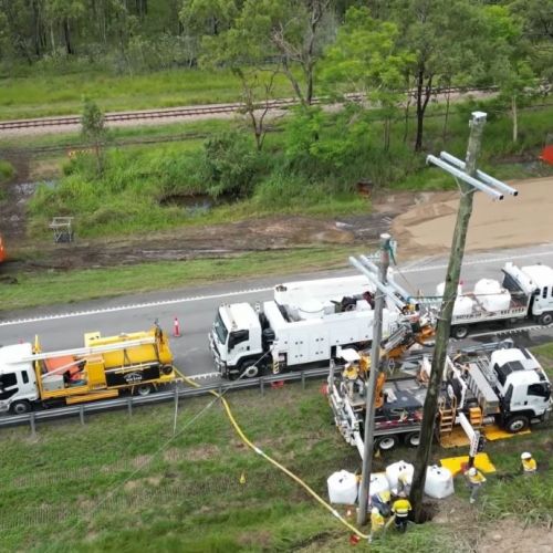 Aerial view of power pole installed at Ollera Creek